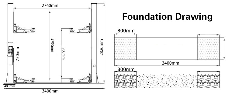 Detalles de la dimensión del elevador de dos postes